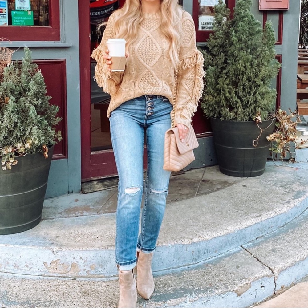 Tan sweater with fringe detail